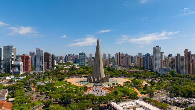 Aerial View of Maringa, Cathedral and downtown. Several buildings. Paran&aacute;, Brazil.