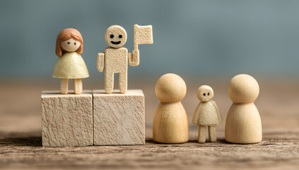 Family Achievement and Success concept.  Parents Standing on Blocks with Goal Flag
