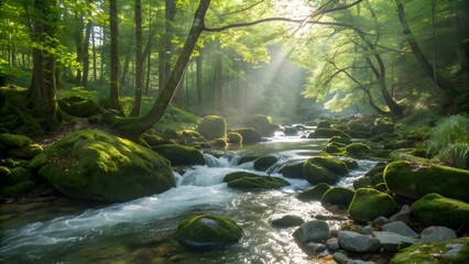Sunbeams pierce lush forest canopy illuminating a vibrant mossy stream flowing over smooth rocks in serene natural beauty