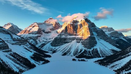 Majestic snow-capped mountains illuminated by golden sunrise light, casting dramatic shadows over a frozen lake. - Powered by Adobe
