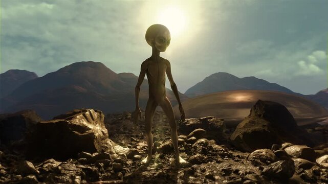 A Grey Alien stood alone in a rocky desert landscape with panoramic mountain and sky background details.
