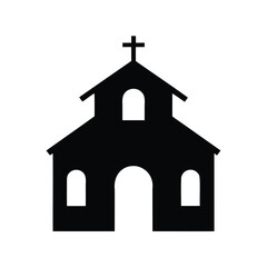 Stylized black and white silhouette illustration of a small village church