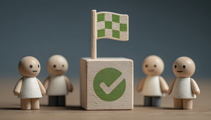 Team Goal Achievement Concept.  Small Group Celebrates Project Completion Checkmark