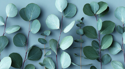 Delicate eucalyptus branches with serene green leaves against a soft blue backdrop. The image showcases the natural beauty of the plant's foliage.