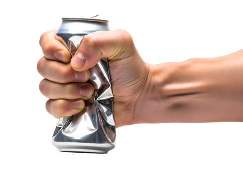 Hand crushing a silver aluminum can isolated on transparent background