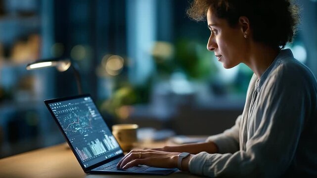 Faceless over shoulder view of a person editing a slide deck on a laptop gridlines visible brand safe placeholders desk lamp glow background bookshelf and plant defocused comp