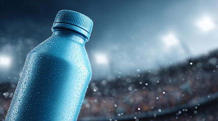Icy blue bottle against stadium lights. Symbolizes refreshment, hydration, sport. Perfect for ads, promoting fitness, health or beverage product marketing
