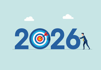 Flat vector concept of a businessman setting up the year 2026, where the '0' is a target with an arrow, symbolizing new year's business goals, strategic planning, and achievement