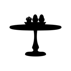 Silhouette image of eggs and a cupcake on a cake stand or table