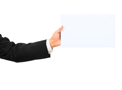 Businessman holding a blank white card isolated on transparent background