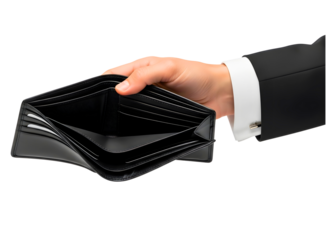 Hand holding an empty wallet isolated on transparent background