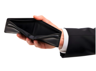 Man holding an empty wallet isolated on transparent background