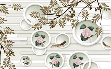 Rich 3D mural with golden trees and glowing sunlight creating a luxurious nature scene.
