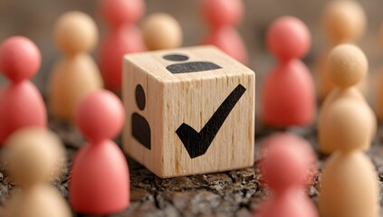 Wooden Block with Checkmark and Human Icons for User Selection or Voting concept