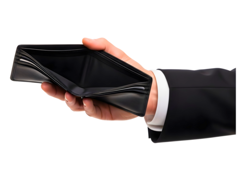 Man holding an empty wallet isolated on transparent background