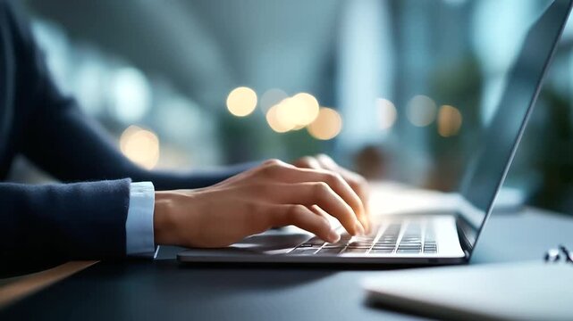 Faceless over shoulder scene of a business professional typing on a slim laptop hands centered on keyboard cursor blinking in a blank document soft window light background