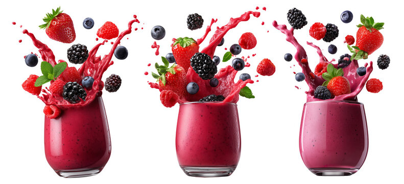 Fresh mixed berries splash out of a vibrant purple smoothie in a glass, isolated on white transparent background