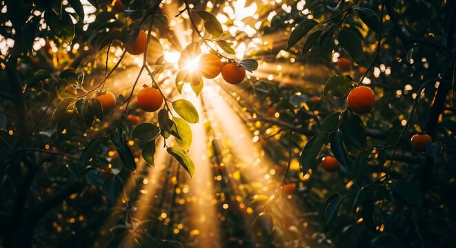 Sunlight streams through the branches of a persimmon tree with ripe fruit in the late afternoon sun