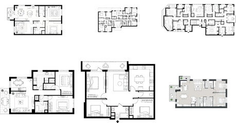 Assortment of six residential floor plans, some with furniture