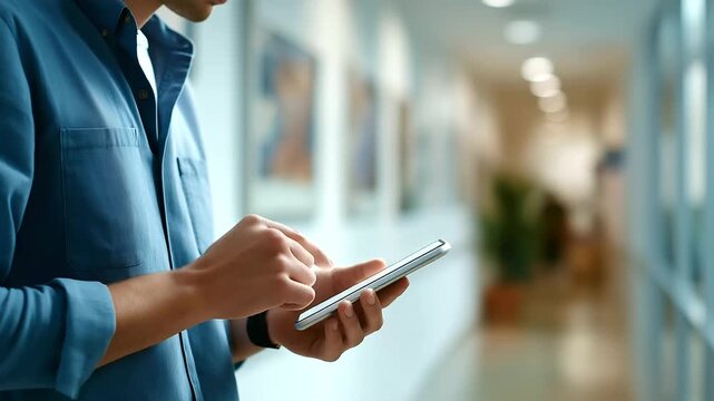 Faceless waist level shot of a person scanning a QR code poster with a phone corridor artwork defocused clean high key light right margin clear faceless QR scan signage