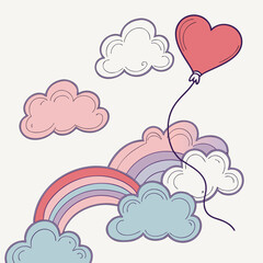 Heart balloon and rainbow with clouds