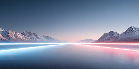 Ice surface and illuminated lines in outdoor space against the backdrop of snow-capped mountains