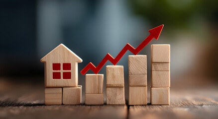 3D business chart illustration showing success and progress with a growth arrow on a red background