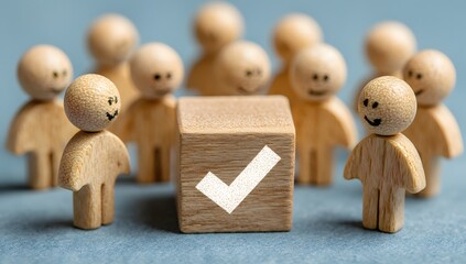Happy Wooden Toy People with Checkmark Icon on Decision Box