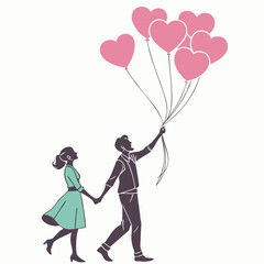 Silhouette of a couple holding hands with heart shaped balloons