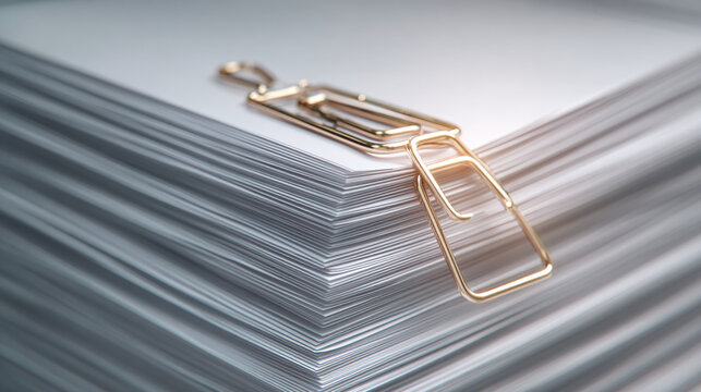 A close-up shot of a paperclip holding together a stack of blank papers. The image is taken at a low angle