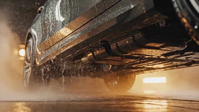 Car wash detail shows undercarriage being sprayed with water jets, focusing on vehicle's chassis. Car wash thoroughly cleans all parts of chassis, wheels, and undercarriage