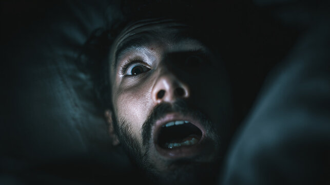 A person exhibiting fear and shock in the darkness 