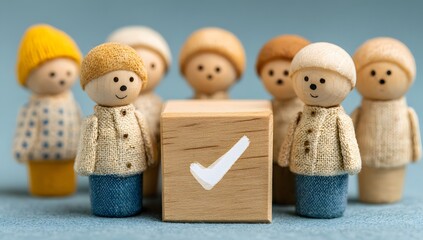 Wooden Toy People concept. Miniature People Figures with Checkmark  Box