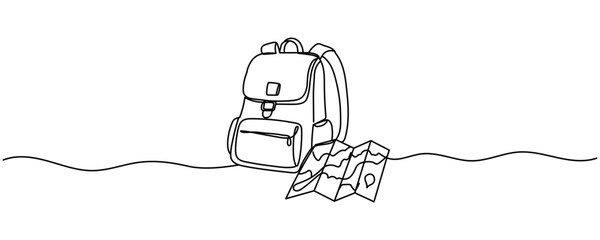 Continuous one line drawing a backpack and map travel concept. Enough supplies. Directions are there. Adventure. National Read a Road Map Day. Editable stroke