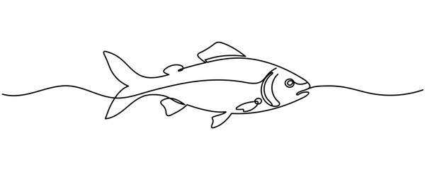 Fototapeta premium Fresh salmon fish in continuous line art drawing isolated on white background. Fresh food concept Editable stroke