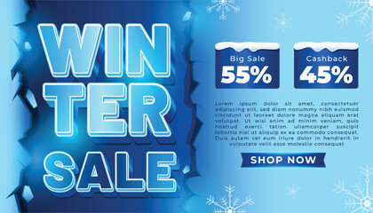 Winter Sale Promotion Banner with Icy 3D Text and Snowflakes