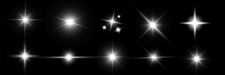Glowing light bursts with sparkles. Glow light effect set, lens flare, explosion, glitter, line, sun flash, spark and star. Abstract image of lighting flare and white stars. Vector illustration