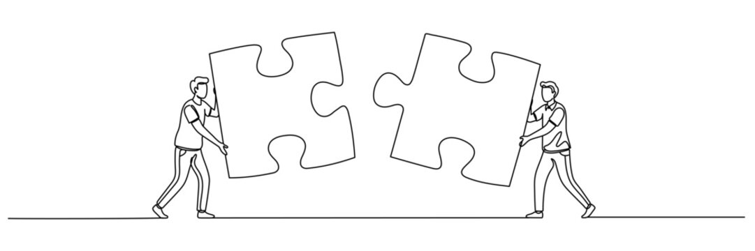 Continuous one line drawing of two businessmen puzzle jigsaw, successful business communication, compatibility of ideas in work concept, single line art. Editable stroke