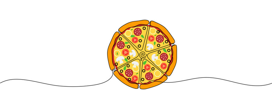One line Drawing or illustration of slice of pizza with pepperoni and mushrooms, Continuous single line drawing of delicious sliced cheese pizza design outline vector illustration Editable stroke