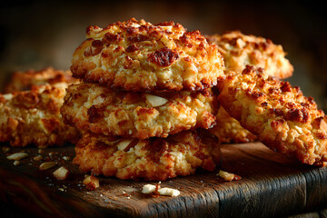 Freshly baked cookies made from scratch with crunchy apple crumbles and a hint of cinnamon, arranged artfully on a rustic wooden cutting board.