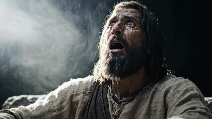 Amidst shadows, a man with long hair and a rugged appearance is captivated. His eyes widen and mouth opens, expressing amazement at a dazzling sight, evoking emotions of surprise and awe.