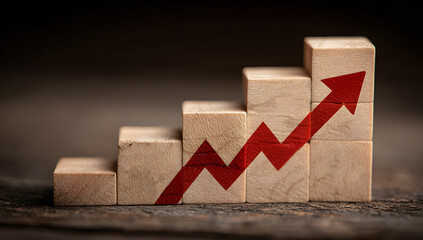Financial progress sign,3D red business graph with an up arrow illustrating stock market growth and profit success