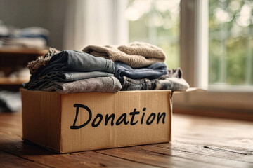 Cardboard donation box filled with neatly folded used clothes. Concept of charity, clothing donation and helping those