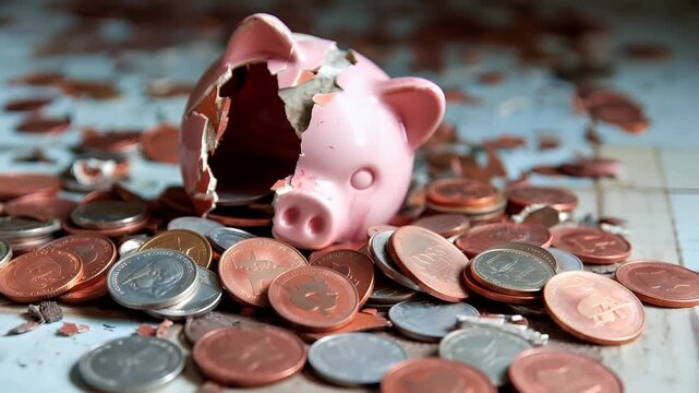 Money saving deposit financial planning concept. A closeup shot of a piggy bank breaking through a pile of coins, with a focus on the broken pig figurine and scattered coins.