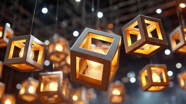Illuminated Cube Lanterns: An array of modern cube-shaped lanterns, radiating warm light, hangs elegantly, creating a captivating display of artistry and illumination.