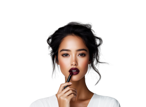 Beautiful Woman Applying Dark Lipstick on Transparent Background - Powered by Adobe