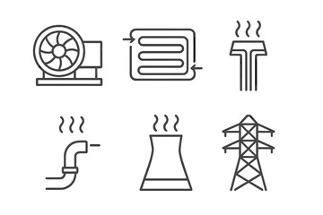 Geothermal Energy Icons. Line style icons of Geothermal Power Plants: turbine generator, heat exchanger, geothermal well, steam