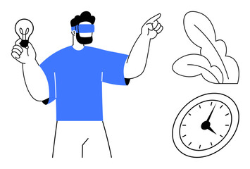 Man wearing VR headset holding a lightbulb as a symbol of innovation, pointing at a concept represented by a clock and leaves. Ideal for creativity, tech, sustainability, innovation, future