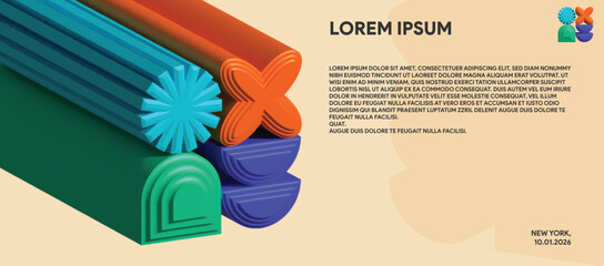 Orange Blue Green 3D Tube Abstract Poster — Geometric Minimal Vector Layout with Modern Typography and Colorful Artistic Composition