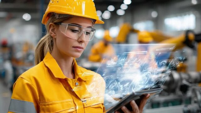 Technology and Precision in Industry: An industrial worker, head shielded by protective headwear and eyes protected by safety glasses, meticulously studies a tablet.